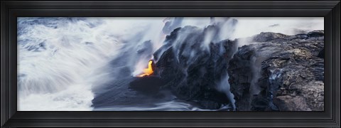 Framed High angle view of lava flowing into the Pacific Ocean, Volcano National Park, Hawaii, USA Print
