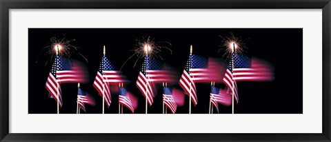 Framed US Flags And Fireworks Print