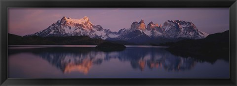 Framed Reflection of mountains in a lake, Lake Pehoe, Cuernos Del Paine, Patagonia, Chile Print