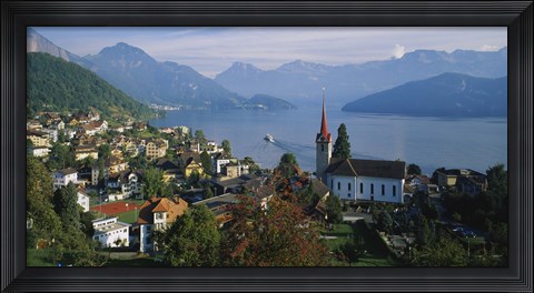 Framed VillageWeggis &amp; Lake Vierwaldstattersee, Switzerland Print