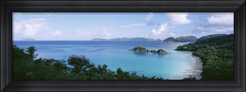 Framed US Virgin Islands, St. John, Trunk Bay, Panoramic view of an island and a beach Print
