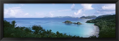 Framed US Virgin Islands, St. John, Trunk Bay, Panoramic view of an island and a beach Print