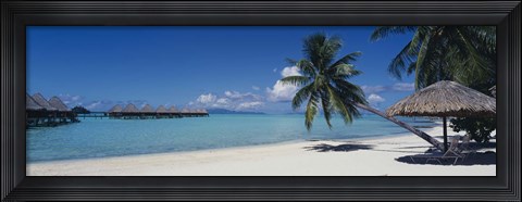 Framed Lounge chair under a beach umbrella, Moana Beach, Bora Bora, French Polynesia Print