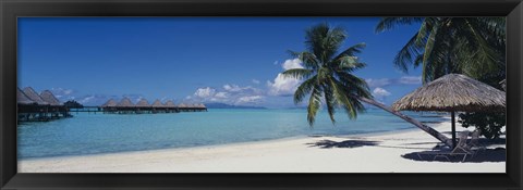 Framed Lounge chair under a beach umbrella, Moana Beach, Bora Bora, French Polynesia Print