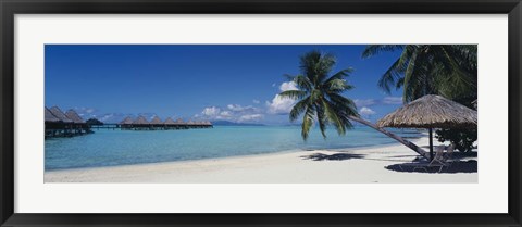 Framed Lounge chair under a beach umbrella, Moana Beach, Bora Bora, French Polynesia Print