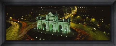 Framed High angle view of a monument lit up at night, Puerta De Alcala, Plaza De La Independencia, Madrid, Spain Print