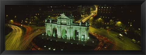 Framed High angle view of a monument lit up at night, Puerta De Alcala, Plaza De La Independencia, Madrid, Spain Print