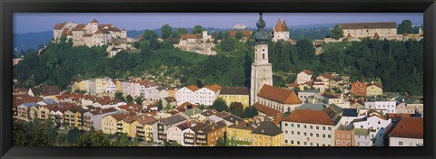 Framed High angle view of buildings in a town, Salzach River, Burghausen, Bavaria, Germany Print
