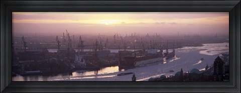 Framed High angle view of container ships in the river, Elbe River, Landungsbrucken, Hamburg Harbour, Hamburg, Germany Print