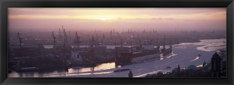Framed High angle view of container ships in the river, Elbe River, Landungsbrucken, Hamburg Harbour, Hamburg, Germany Print