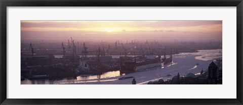 Framed High angle view of container ships in the river, Elbe River, Landungsbrucken, Hamburg Harbour, Hamburg, Germany Print