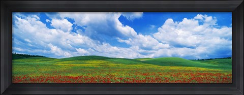 Framed Open Field, Hill, Clouds, Blue Sky, Tuscany, Italy Print