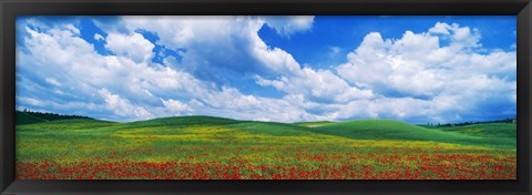 Framed Open Field, Hill, Clouds, Blue Sky, Tuscany, Italy Print