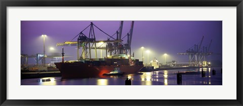 Framed Port, Night, Illuminated, Hamburg, Germany Print