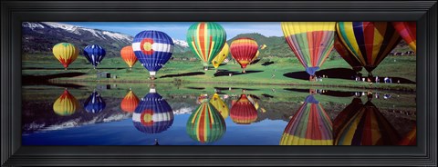 Framed Reflection Of Hot Air Balloons On Water, Colorado, USA Print