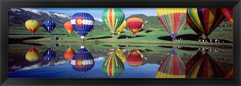 Framed Reflection Of Hot Air Balloons On Water, Colorado, USA Print