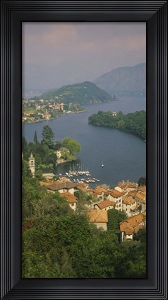 Framed High angle view of houses at the waterfront, Sala Comacina, Lake Como, Italy Print
