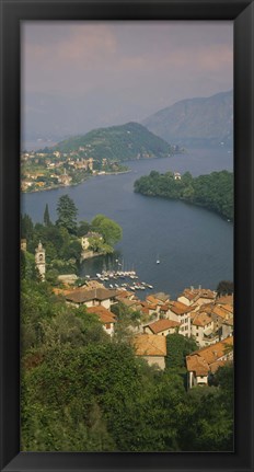 Framed High angle view of houses at the waterfront, Sala Comacina, Lake Como, Italy Print