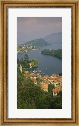 Framed High angle view of houses at the waterfront, Sala Comacina, Lake Como, Italy Print