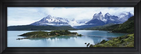 Framed Island in a lake, Lake Pehoe, Hosteria Pehoe, Cuernos Del Paine, Torres del Paine National Park, Patagonia, Chile Print