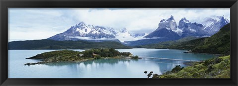 Framed Island in a lake, Lake Pehoe, Hosteria Pehoe, Cuernos Del Paine, Torres del Paine National Park, Patagonia, Chile Print