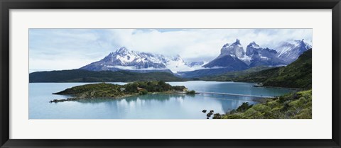 Framed Island in a lake, Lake Pehoe, Hosteria Pehoe, Cuernos Del Paine, Torres del Paine National Park, Patagonia, Chile Print