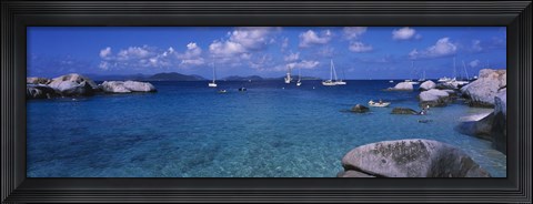 Framed Rocks at the coast with boats in the background, The Baths, Virgin Gorda, British Virgin Islands Print