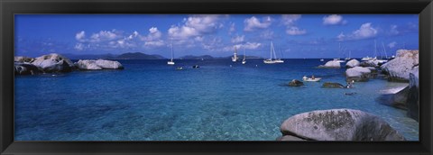 Framed Rocks at the coast with boats in the background, The Baths, Virgin Gorda, British Virgin Islands Print