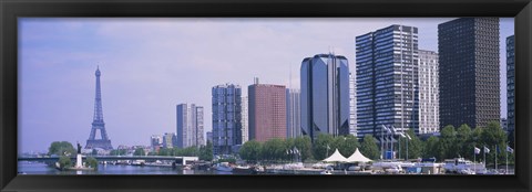 Framed Skyscrapers at the waterfront with a tower in the background, Seine River, Eiffel Tower, Paris, Ile-De-France, France Print