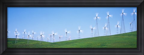 Framed Wind turbines spinning on hills, Altamont Pass, Livermore, California, USA Print