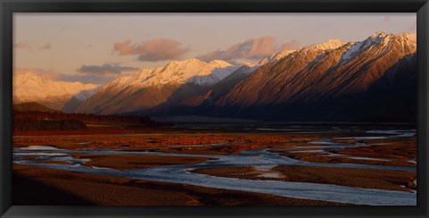 Framed River along mountains, Rakaia River, Canterbury Plains, South Island, New Zealand Print