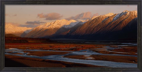 Framed River along mountains, Rakaia River, Canterbury Plains, South Island, New Zealand Print