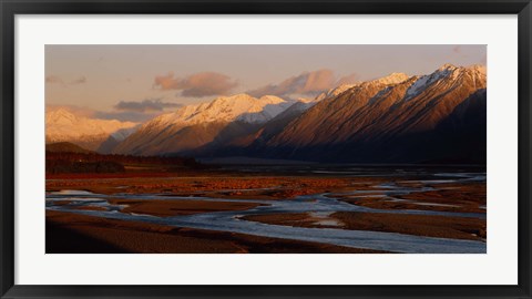 Framed River along mountains, Rakaia River, Canterbury Plains, South Island, New Zealand Print