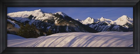 Framed Mountains covered with snow, Snowmass Mountain on left, Capitol Peak on right, Elk Mountains, Snowmass Village, Colorado, USA Print