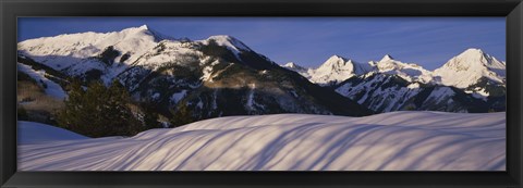 Framed Mountains covered with snow, Snowmass Mountain on left, Capitol Peak on right, Elk Mountains, Snowmass Village, Colorado, USA Print