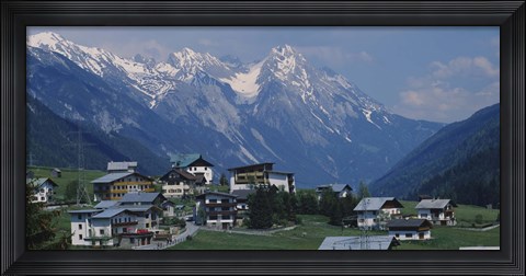 Framed High angle view of a village on a landscape and a mountain range in the background, St. Anton, Austria Print