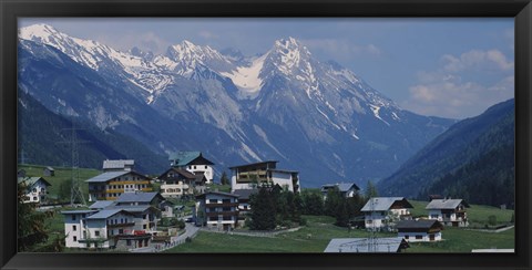 Framed High angle view of a village on a landscape and a mountain range in the background, St. Anton, Austria Print