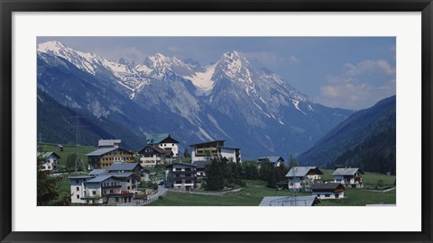 Framed High angle view of a village on a landscape and a mountain range in the background, St. Anton, Austria Print