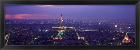 Framed Aerial view of a city at twilight, Eiffel Tower, Paris, Ile-de-France, France Print