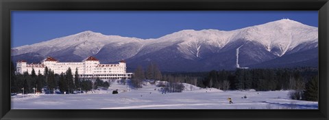 Framed Hotel near snow covered mountains, Mt. Washington Hotel Resort, Mount Washington, Bretton Woods, New Hampshire, USA Print