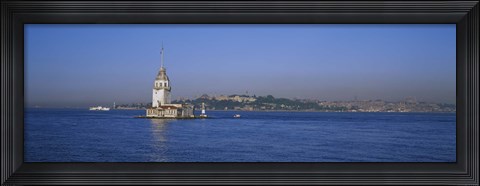 Framed Lighthouse in the sea with mosque in the background, Leander&#39;s Tower, Blue Mosque, Istanbul, Turkey Print