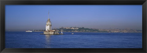 Framed Lighthouse in the sea with mosque in the background, Leander&#39;s Tower, Blue Mosque, Istanbul, Turkey Print