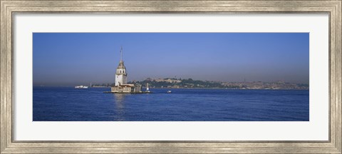 Framed Lighthouse in the sea with mosque in the background, Leander&#39;s Tower, Blue Mosque, Istanbul, Turkey Print