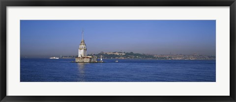 Framed Lighthouse in the sea with mosque in the background, Leander&#39;s Tower, Blue Mosque, Istanbul, Turkey Print