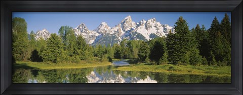 Framed Reflection of a snowcapped mountain in water, Near Schwabachers Landing, Grand Teton National Park, Wyoming, USA Print
