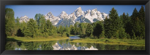 Framed Reflection of a snowcapped mountain in water, Near Schwabachers Landing, Grand Teton National Park, Wyoming, USA Print