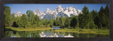 Framed Reflection of a snowcapped mountain in water, Near Schwabachers Landing, Grand Teton National Park, Wyoming, USA Print