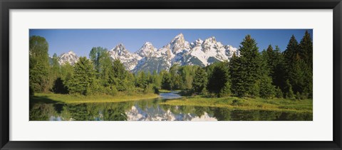 Framed Reflection of a snowcapped mountain in water, Near Schwabachers Landing, Grand Teton National Park, Wyoming, USA Print