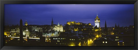 Framed High angle view of a city lit up at night, Edinburgh Castle, Edinburgh, Scotland Print