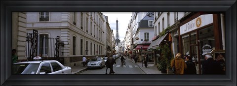Framed Buildings along a street with a tower in the background, Rue Saint Dominique, Eiffel Tower, Paris, Ile-de-France, France Print